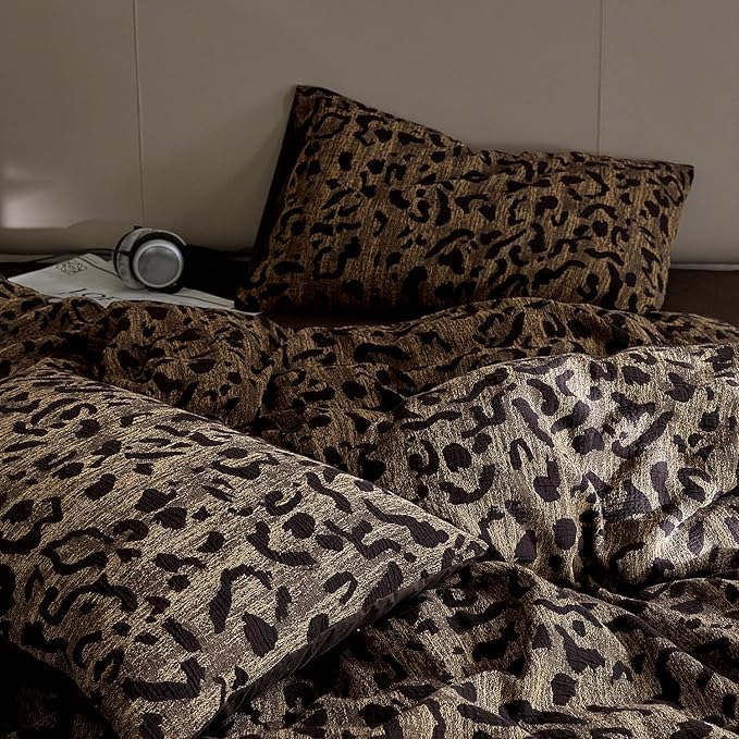 mixinni Leopard Duvet Cover Twin XL Size Yarn-Dyed Leopard Print Jacquard Cotton Duvet Cover Set-Vintage Floral Pattern Bedding Set with Pillowcases Perfect for Him and Her-(Twin XL Size, Brown)