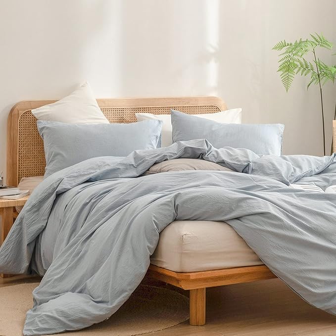 BESTOUCH Duvet Cover Set 100% Washed Cotton Linen Feel Super Soft Comfortable Chic Lightweight 3 PCs Home Bedding Set Solid Cornflower Blue Cal King