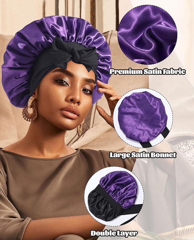 Satin Bonnet Silk Bonnet for Sleeping Silk Sleep Cap Double Layer Hair Bonnet with Elastic Tie Band for Curly Hair Night Cap(Black+Dark Purple)