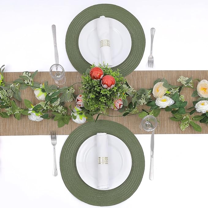 SHACOS Round Placemats Set of 6 Washable 15 inch Round Table Mats Cotton Polyester Woven Braided Place Mats for Dining Table (Olive Green, 6)