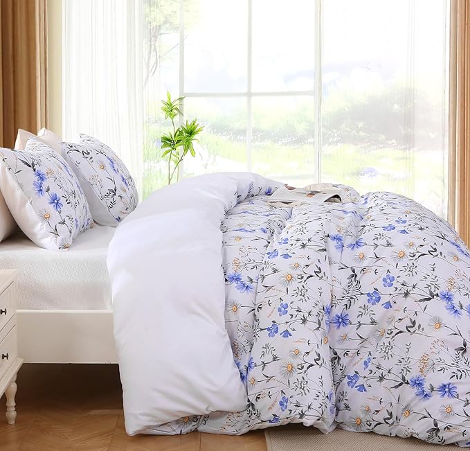 Duvet Cover King Size, Reversible Floral Vintage Duvet Cover Set with Zipper Closure, 3 Pieces Botanical Patterns Soft Microfiber Bedding Set (90"x104", 2 Pillow Cases 20"×36", Purple Blue Daisy)