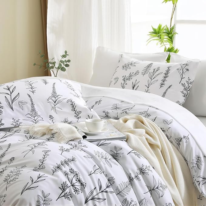 MUXHOMO Duvet Cover King Size, Reversible Floral White Duvet Cover Set with Zipper Closure, 3 Pieces Botanical Patterns Soft Microfiber Bedding Set (90"x104", 2 Pillow Cases 20"×36")