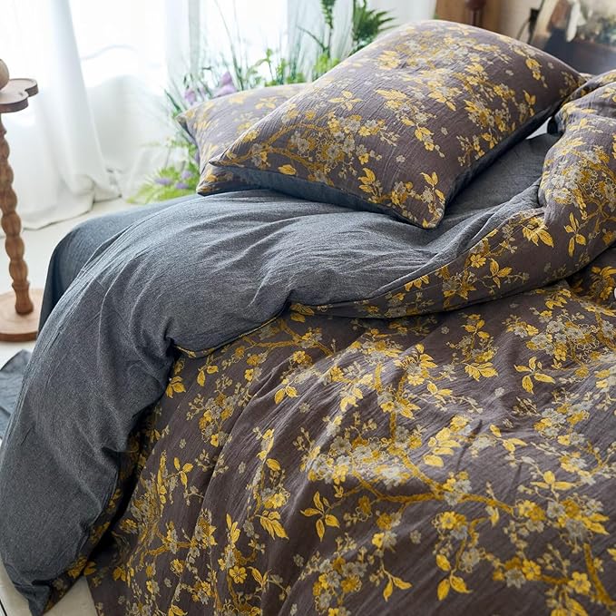 mixinni Vintage Floral Duvet Cover Queen Set - Gold Jacquard & Grey Reversible, 100% Yarn-Dyed Double-Layer Cotton, Breathable & Luxurious Farmhouse Bedding (3-Piece, Includes 2 Pillowcases)