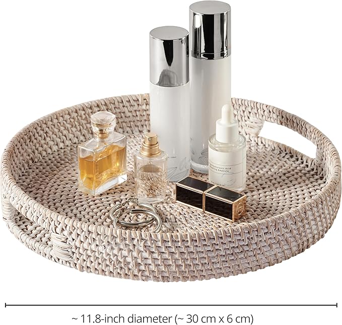 JUNGLE CULTURE Rattan Serving Tray 12" in Whitewash • Woven Serving Trays with Handles for Home • Round Decorative Dining Table Tray • Boho Wicker Serving Basket for Ottoman, Coffee Table, Couch