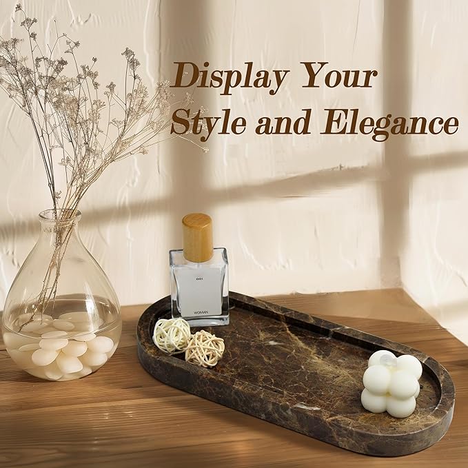 100% Real Natural Marble Tray for Bathroom, Luxury Dark Brown Stone Vanity Tray, Decorative Oval Trays for Countertop Storage Organizer, Vanity Dresser Kitchen Home Decor, 10.2" x 4.3", Brown