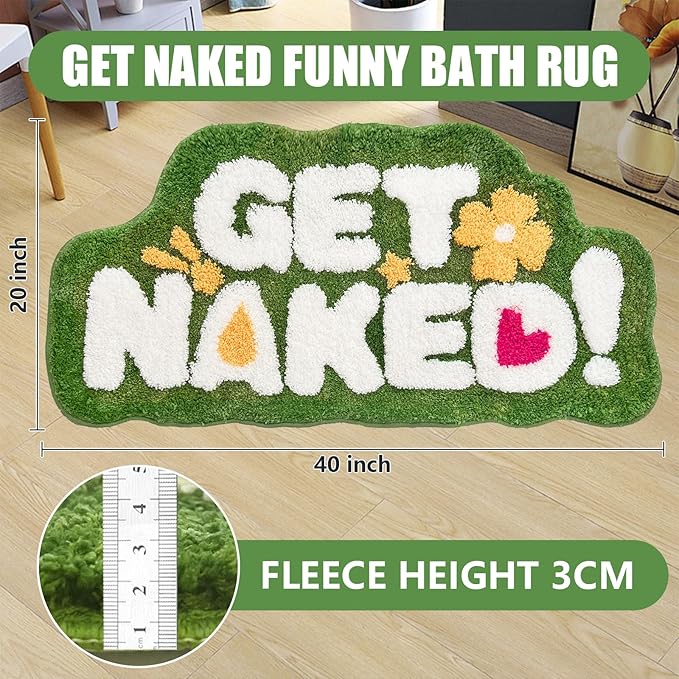 Get Naked Bath Rug, Fun Bathroom Rug,Green Bath Rugs Long Bath Mat Funny Bathroom Non Slip Microfiber Plush Cool Mat for Washable Absorbent Bathtub,Bedroom and Shower 20"x40"