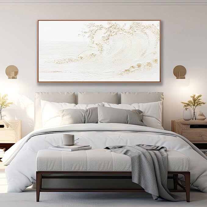 Canvas Wall Art Decor Bedroom Hand Painted White Wave With Golden Embellishments Pictures Decoration Artwork Wall Art Large Modern Painting Pictures For Living Room Home Kitchen Office 29"x58" Inch With Framed