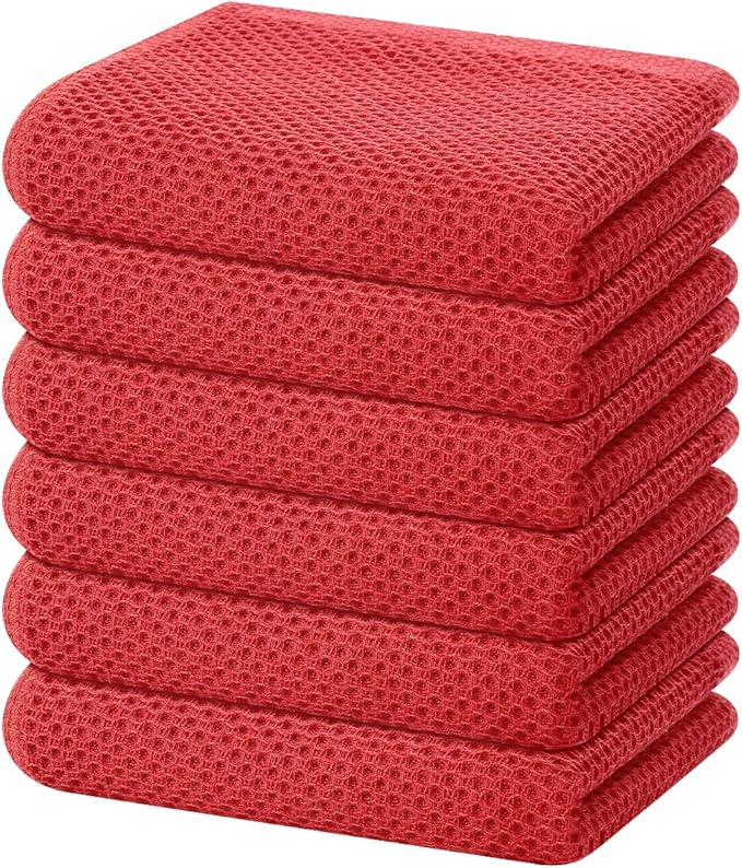 Homaxy 100% Cotton Waffle Weave Kitchen Dish Towels, Ultra Soft Absorbent Quick Drying Cleaning Towel, 13 x 28 Inches, 6-Pack, Brick Red