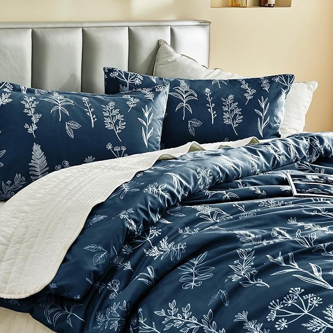 MUXHOMO Duvet Cover Queen Size, Reversible Floral Navy Duvet Cover Set with Zipper Closure, 3 Pieces Botanical Patterns Soft Microfiber Bedding Set with 4 Ties (90"x90", 2 Pillow Cases)
