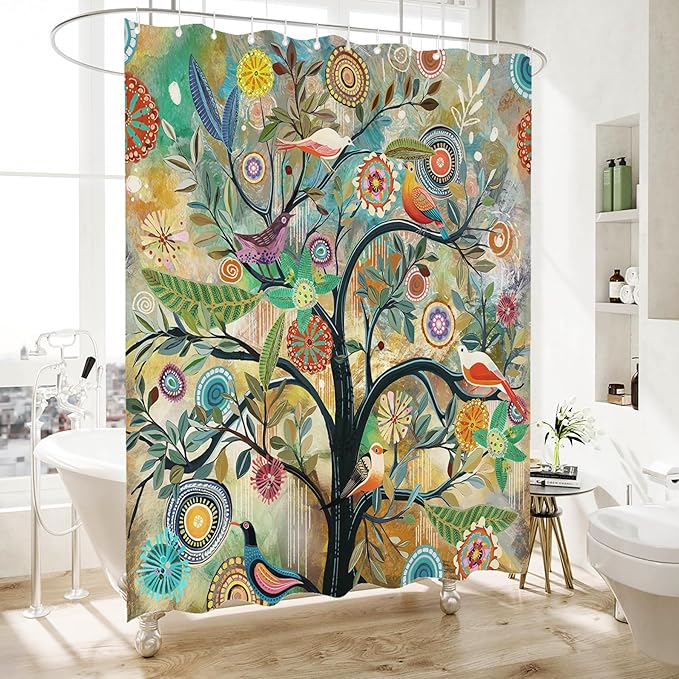 Bohemian Bathroom Curtain Colorful Boho Floral Print Beautiful Bright Polyester Fabric Cloth Shower Curtain for Bathroom Decoration, 72"x72"