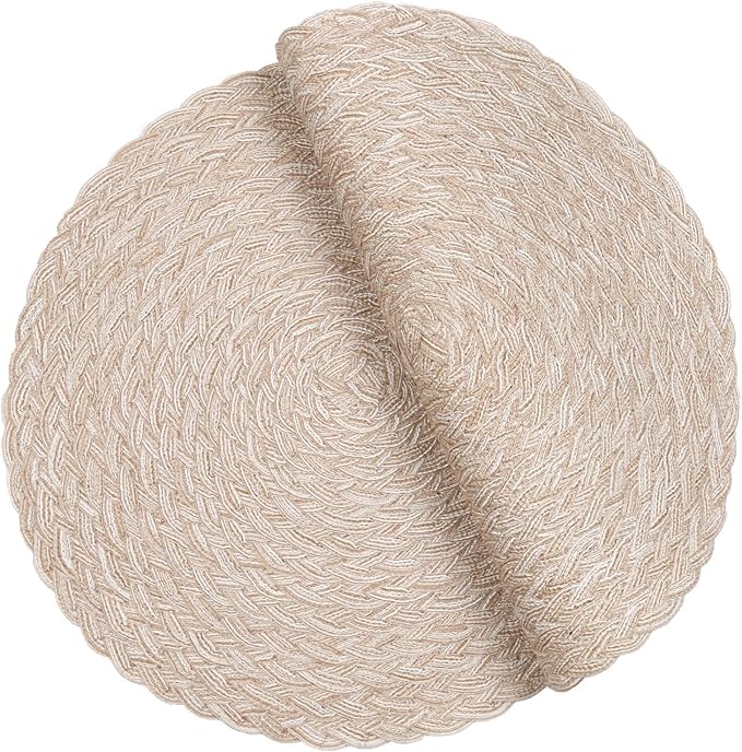 SHACOS Round Braided Placemats 15 inch Set of 4 Boho Woven Washable Kitchen Table Placemats for Home Wedding Party (T-Beige, 4)