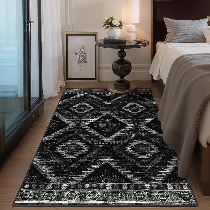 Area Rug 3x5 Rug Machine Washable Non-Slip Low Pile Print Pattern Western Rug for Living Room Bedroom Entryway Tribal Series-Black
