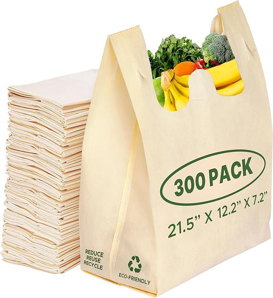 Simply Cool 300 Pack Reusable Eco-Friendly Grocery T-Shirt Shopping Bags 21.5”x12.2”x7.2” Durable Recyclable Washable Foldable Portable Tote Bags Bulk