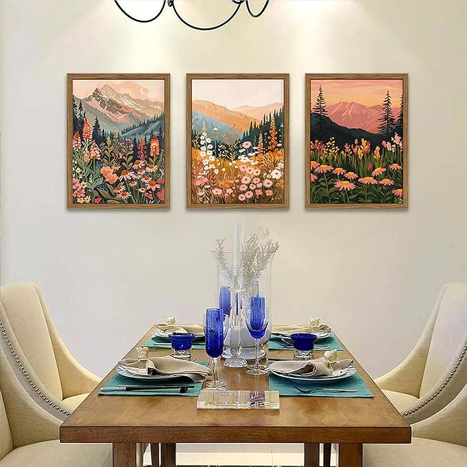 Boho Colorful Landscape wall art Wildflower Mountain Wall Decor Vintage Floral Forest Paintings Rustic Nature Pictures Canvas Prints for Living Room Bedroom Dining Room 16x24 Inch Wood Framed