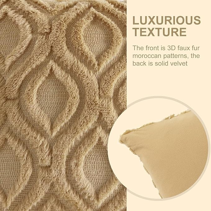 decorUhome Throw Pillow Covers 20x20 Inch Set of 2, Soft Plush Decorative Faux Fur Light Brown Solid Couch Pillow Covers, Accent Farmhouse Neutral Square Euro Pillow Cases for Sofa Bed Living Room
