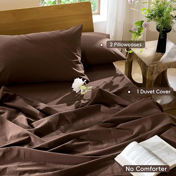 MooMee Bedding Duvet Cover Set 100% Washed Cotton Linen Like Textured Breathable Durable Soft Comfy (Solid Cocoa Brown, Super King 108"x98")