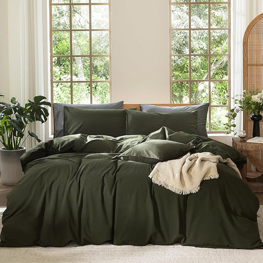 MooMee Bedding Duvet Cover Set 100% Washed Cotton Linen Like Textured Breathable Durable Soft Comfy (Solid Olive Green, Palatial King/Oversized King 120"x98")