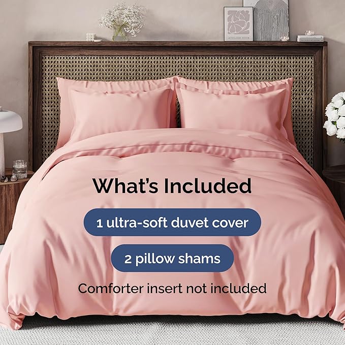 Duvet Cover Cal King Size Set - Extra Soft Cal King Size Duvet Cover 104 x 98 with 2 Pillow Shams - Hotel Luxury Easy Care and Fade Free w/Zipper Closures & Ties - Breathable Bedding Set (Baby Pink)