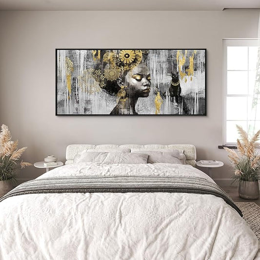 KLAKLA African American Wall Art - Large Black Girl Black Woman Black and Gold Artwork Canvas Picture Framed Wall Decor for Living Room Bedroom Home Decoration