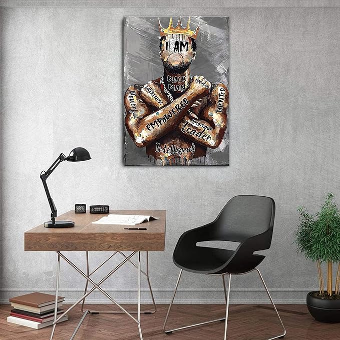 Framed Black Men Wall Art African American Man Portrait Wall Art Afro King Poster Abstract Contemporary Canvas Prints Painting Home Decor for Bedroom Living Room