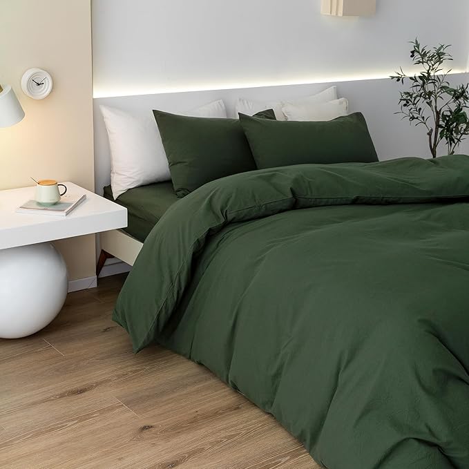 JIYUAN 100% Washed Cotton Duvet Cover Set 3 Pieces Alaska King, 1 Duvet Cover 132x120 Inches(Comforter Not Included) and 2 Pillowcases,Linen Feel Bedding Set Comfy and Breathable,Forest Green