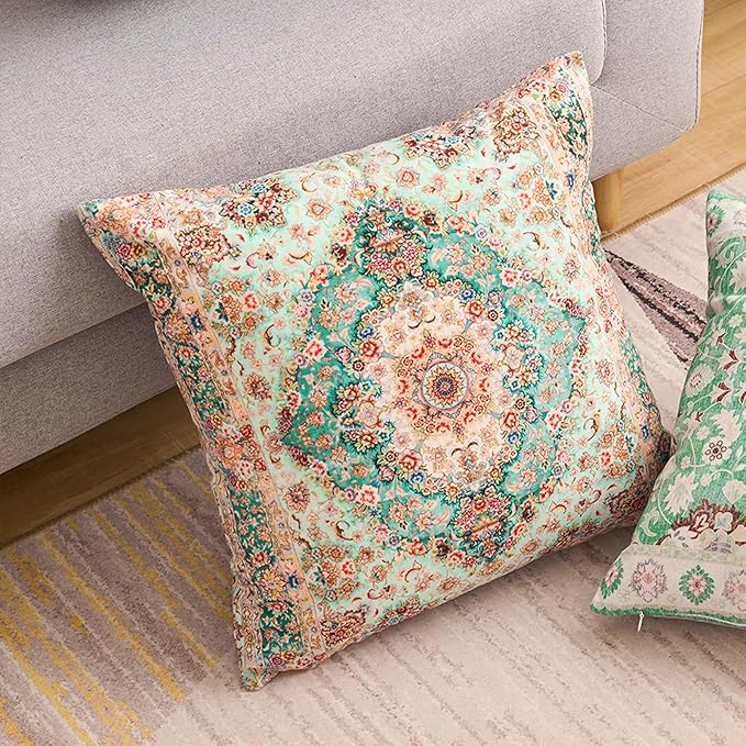 Boho Floral Throw Pillow Covers 20x20 inch Set of 2,Boho Rug Geometric Floral Pattern Decor Double Sided Pattern Cushion Cover Soft Pillow Case Living Sofa Room Bed Square Pillow Cover