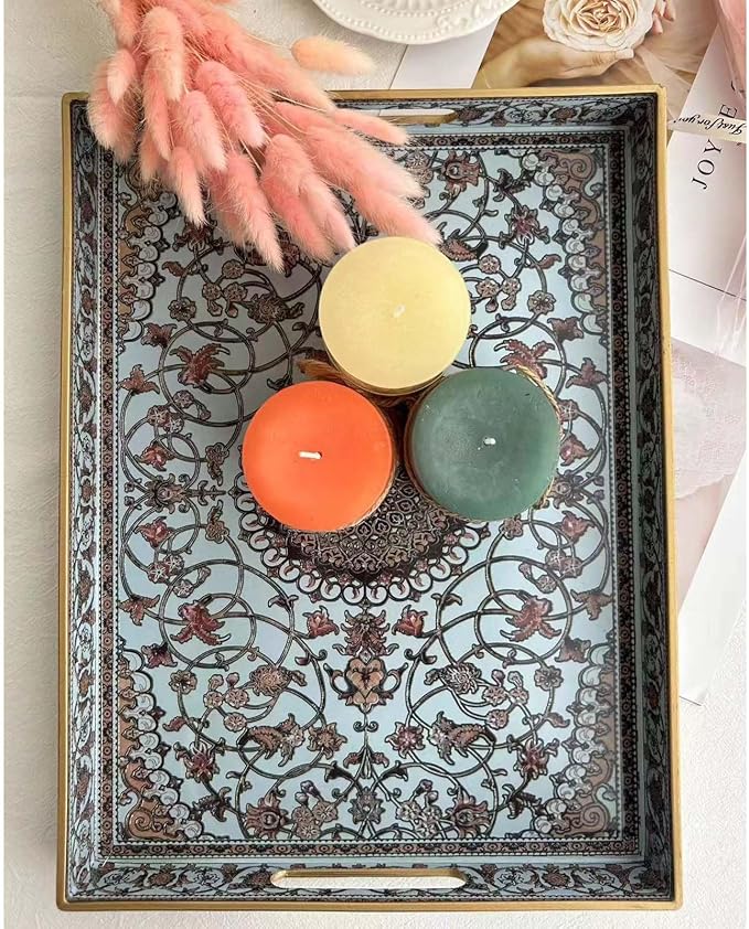 Large Plastic Serving Tray with Handles,Decorative Tray for Ottoman Coffee Table,Large Rectangular Boho Tray for Living Room Bathroom and Kitchen Counter,16"X12"