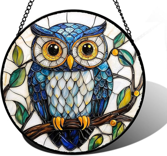 Stained Glass Window Hanging, Owl Gifts for Women Sun Catchers Diamond Glass Panel Hangings Birds Suncatcher Decor for Birthday for Women, Men, Wife, Aunt, and Mom 9.8 in