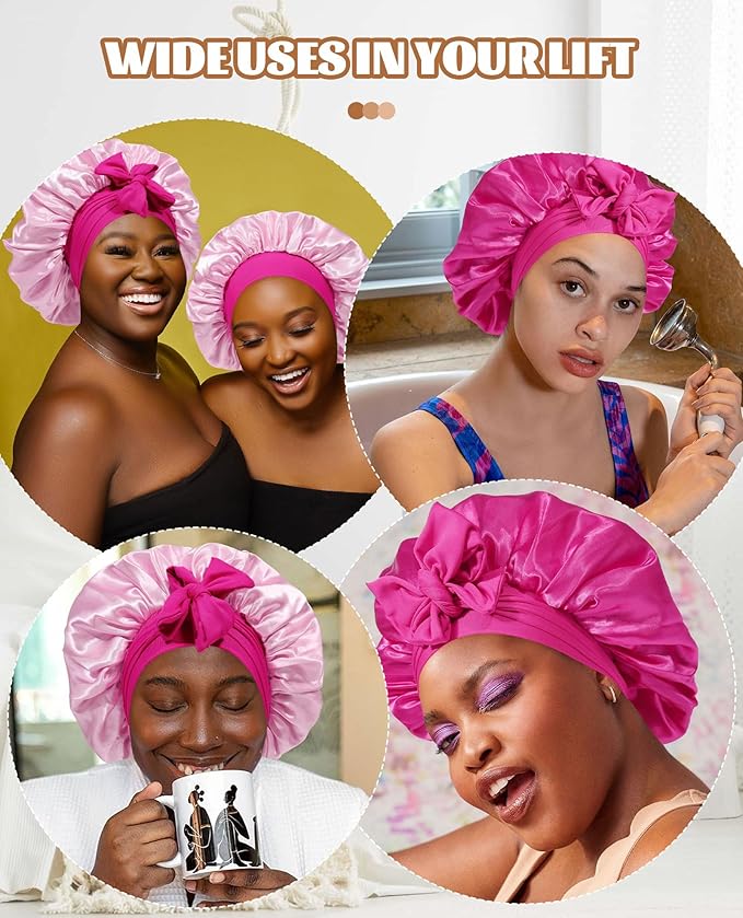 Satin Bonnet Silk Bonnet for Sleeping Silk Sleep Cap Double Layer Hair Bonnet with Elastic Tie Band for Curly Hair Night Cap (Rose red + Skin Powder)