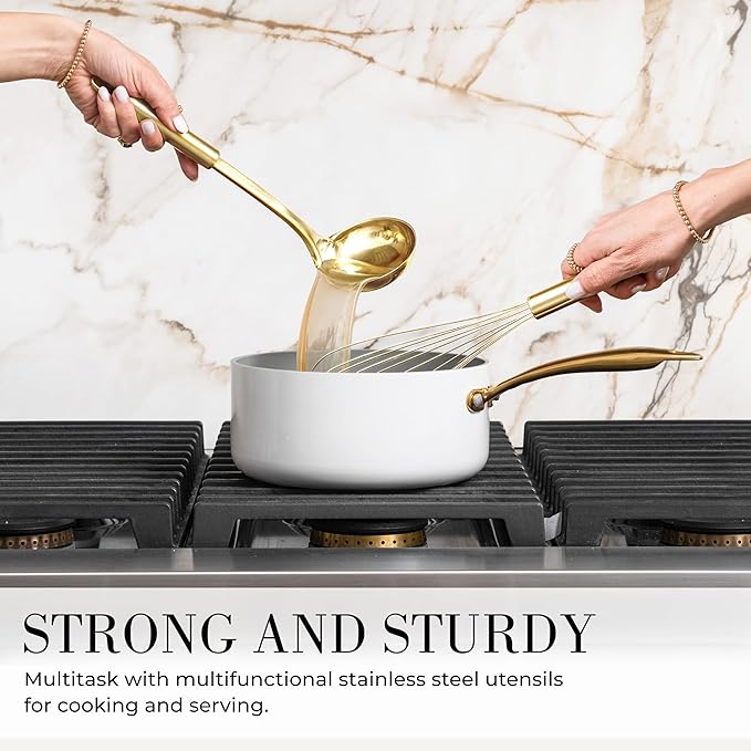 Styled Settings White and Gold Kitchen Utensils Set - 15-Piece BPA free, Non-Scratch, Utensils Set Includes White Silicone Cooking Utensils and Measuring Cups and Spoons