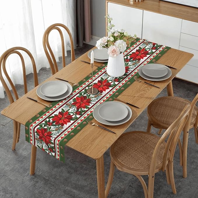 Christmas Flower Table Runner Burlap Kitchen Dining Linen Table Decoration for Indoor Outdoor Home Party Dinner 13x72 Inch