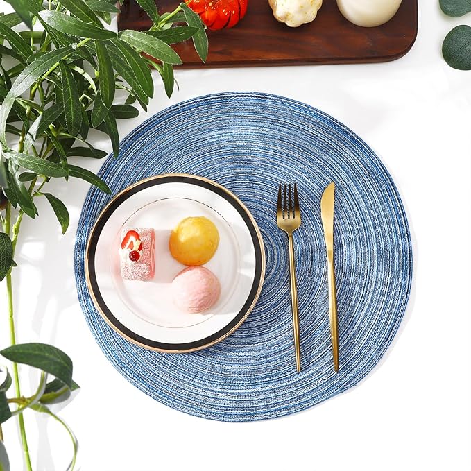 SHACOS Round Braided Placemats Set of 6 Circle Place Mats Kitchen Table Mats for Dining Table Wedding Party (Blue Gray, 6)