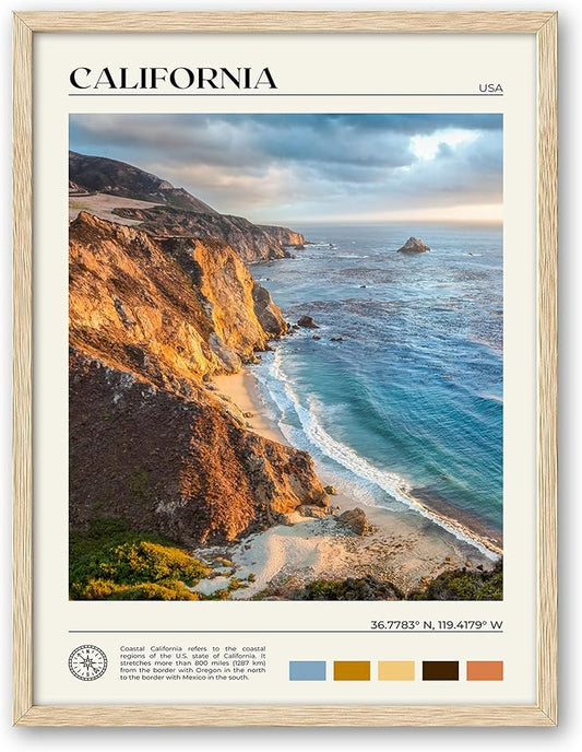 HesenDot Natural OAK Wood Coastal California Refers Framed Wall Art,12x16in Natural Seascape Canvas Wall Print,Classic Urban Landmark Wall Decor for Living Room,Bedroom,Office Gallery Gifts Set of 1
