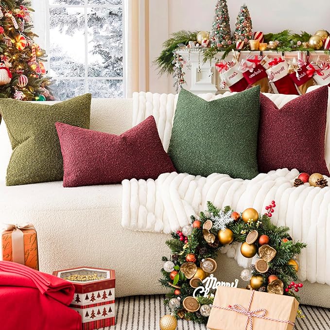 Foindtower Pack of 2 Textured Boucle Throw Pillow Covers Accent Solid Decorative Lumbar Pillow Cases Cozy Couch Cushion Case for Chair Sofa Bed Living Room Home Decor 12 x 20 Inch Hunter Green