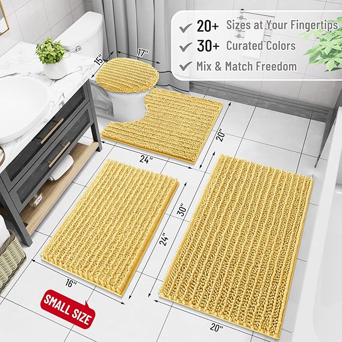 Arotive Luxury Chenille Bathroom Rug Mat, Extra Soft Thick Absorbent Shaggy Bath Rugs, Non-Slip Machine Wash Dry, Plush Bath Mats for Bathroom, Shower and Tub, 24x16, Yellow