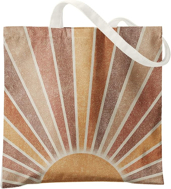 Boho Tote Bag Aesthetic, Minimalist Abstract Boho Terracotta Sun Sunshine Canvas Tote Bag for Women