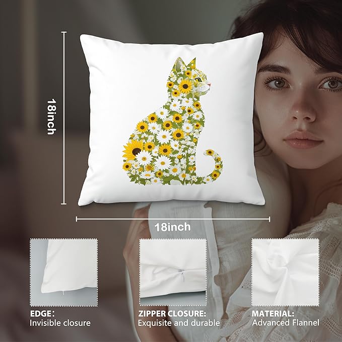 Daisy Floral Cat Pillow Covers 18x18, Gifts for Cat Lovers Mom Lady Owners, Elegant Kitten Kitty Decorative Pillow Covers for Home Bedroom Living Room Decor, Pet Lover Gifts