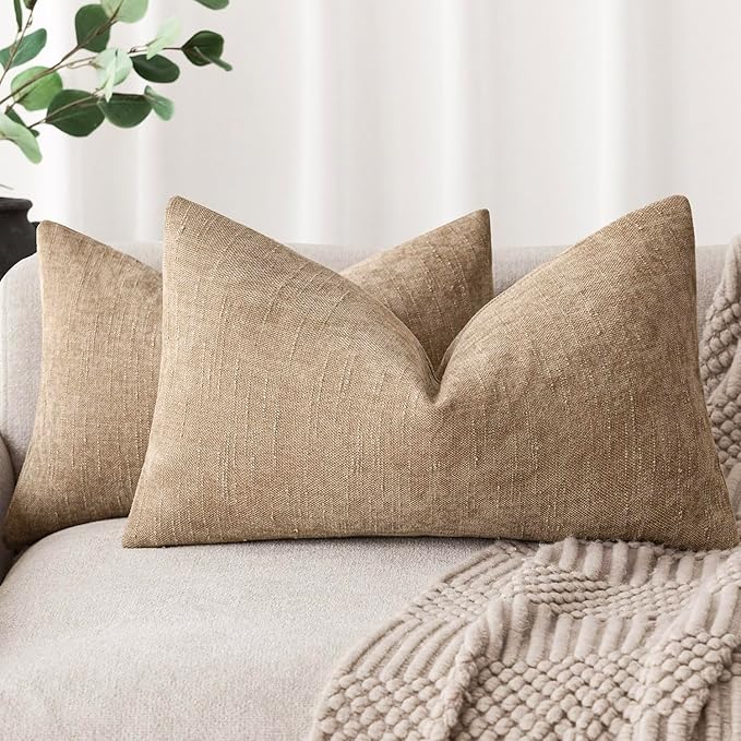 Foindtower Pack of 2 Soft Textured Chenille Throw Decorative Pillow Covers Square Accent Solid Cushion Cover Neutral Lumbar Pillow Case for Couch Sofa Bedroom Living Room 12x20 Inch,Taupe Khaki Camel