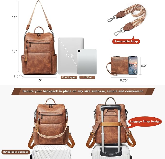 Shrrie Vegan Leather Laptop Backpack for Women 15.6 inch Work Backpack Fashion Travel Backpack Purse for Travel College Work