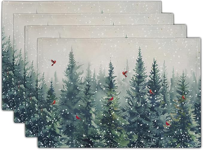 Giwawa Winter Pine Trees Placemats Set of 4 Watercolor Christmas Forest Red Birds Linen Table Mat 12"x18" Xmas Snowy Tree Decorative Seasonal Washable Place Mats for Kitchen Dining Holiday