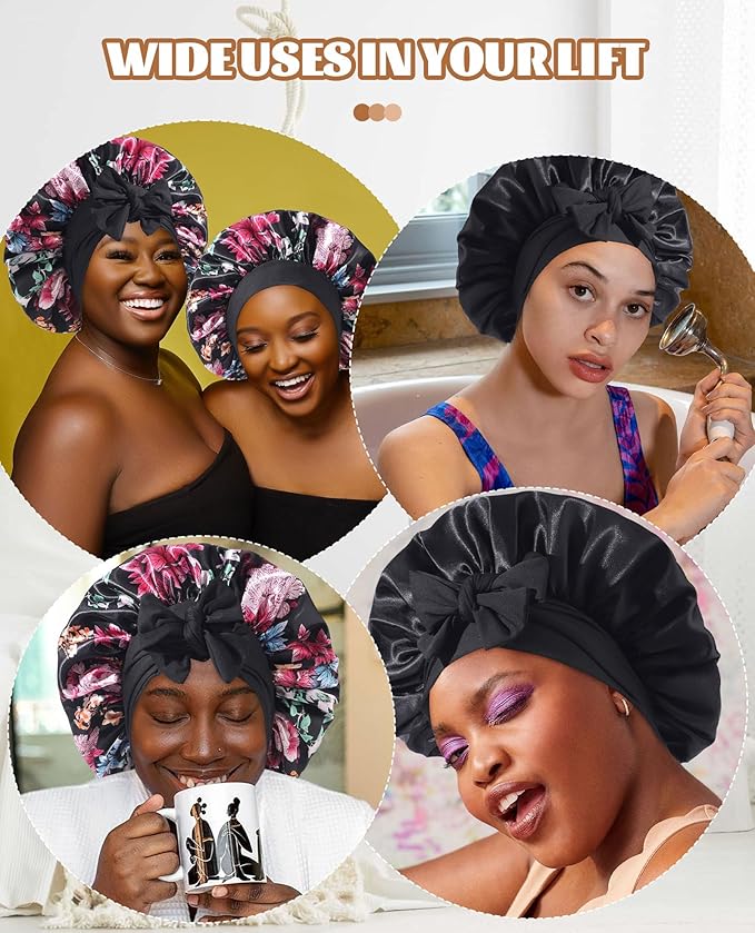 Satin Bonnet Silk Bonnet for Sleeping Silk Sleep Cap Double Layer Hair Bonnet with Elastic Tie Band for Curly Hair Night Cap(Black(Flower))