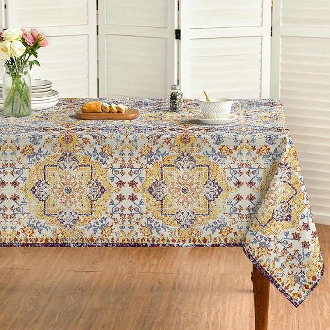 Horaldaily Boho Bohemia Style Tablecloth 52×70 Inch Rectangular, Yellow Vintage Country Rustic Farmhouse Magical Fall Orange Washable Seasonal Table Cover for Party Picnic Dinner Decor