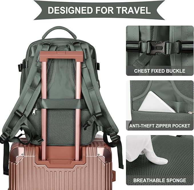 coowoz Large Travel Backpack For Women Men,Carry On Flight Approved,Hiking Waterproof Outdoor Rucksack Casual Daypack Fit 15.6 Inch Laptop Shoes Compartment (Olive Green)