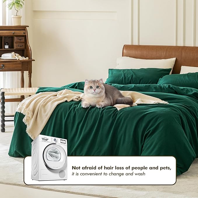 FOSSA Duvet Cover Set 100% Washed Cotton 3 Pieces Bedding Set Twill Soft Cozy Breathable Sturdy Substantial with Textured Weave Solid Green King