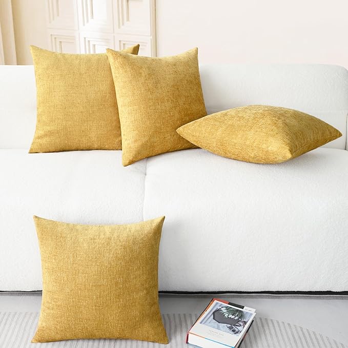 CaliTime Throw Pillow Covers Decorative 18 X 18 Inches Pack of 4 Cozy Chenille Cushion Cases for Couch Sofa Bed Living Room Home Gold