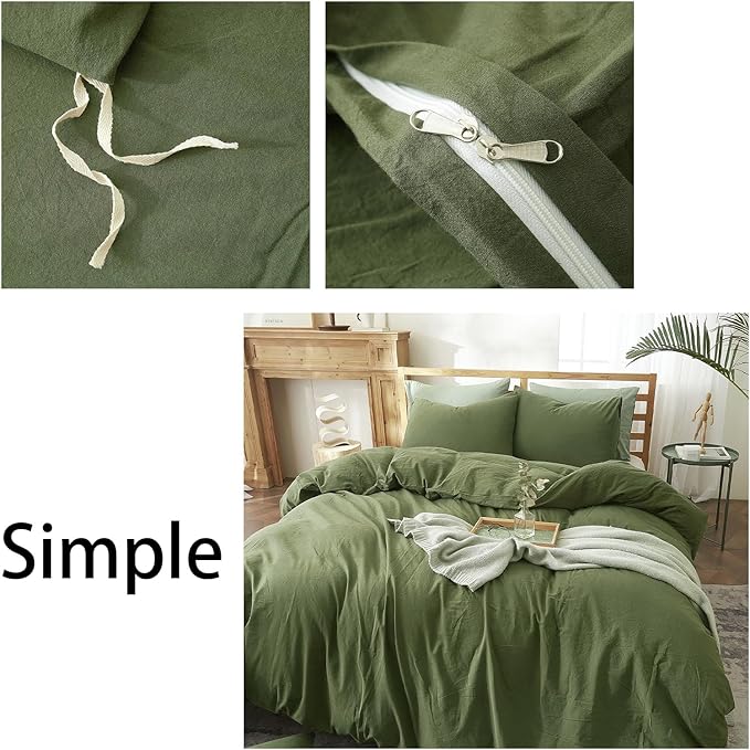 AMWAN Solid Color Army Green Duvet Cover King Size Bedding Sets Natural Washed Cotton Comforter Cover Dark Green Bedding Duvet Cover for Men Women Simple Style Green Bedding Collection