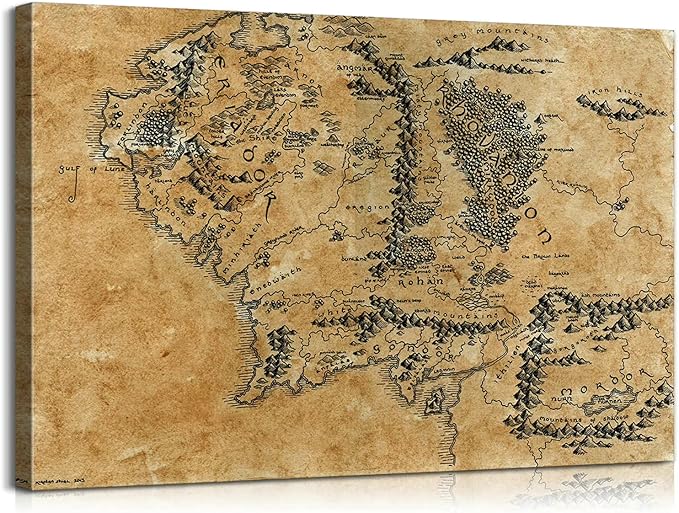 Map of Middle Earth Wall Decor - Middle Earth Map Wall Art with Inner Wooden Frame, Lightweight & Easy Hanging, Paintings for Game Room & Bedroom, 28x40 Inches