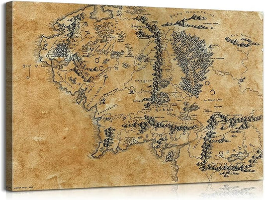 Map of Middle Earth Wall Decor - Middle Earth Map Wall Art with Inner Wooden Frame, Lightweight & Easy Hanging, Paintings for Game Room & Bedroom, 12x18 Inches