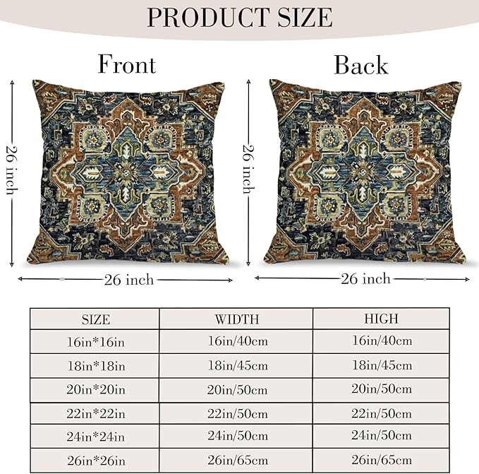 Boho Throw Pillow Covers 26x26 inch Set of 2,Boho Vintage Carpet Pattern Antique Ethnic Decor Double Sided Pattern Cushion Cover Soft Pillow Case Living Sofa Room Bed Square Pillow Cover