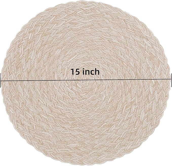 SHACOS Round Braided Placemats 15 inch Set of 6 Thick Boho Kitchen Table Placemats for Home Wedding Party (T-Beige, 6)
